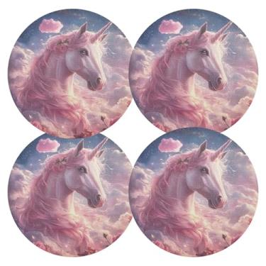 Imagem de Conjunto de tapetes de prato de PVC duráveis de 38 cm de unicórnio rosas rosa, 4, tapetes laváveis para sala de jantar