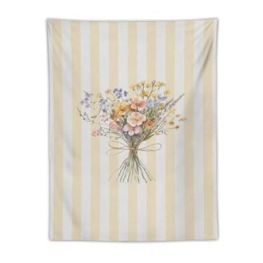 Imagem de Tapeçaria de parede boho buquê de flores silvestres vintage bege listrado decoração botânica cottagecore casa de fazenda tecido estético para pendurar para quarto, dormitório, espaço de estar