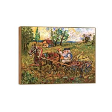 Imagem de BMZFYBS David Burliuk Famosas impressões em tela de arte de parede prontas para pendurar. Camponês e cavalo. Pintura de moldura de madeira para decoração de sala de estar 30 x 40 cm 12 x 16 polegadas