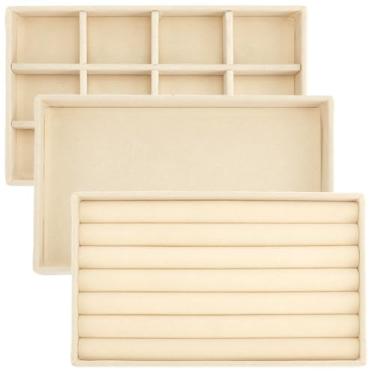 Imagem de SOFPLATE 3 peças, 3 estilos, bandejas organizadoras de joias de veludo bege, empilháveis, inserções de gaveta de joias, bandejas organizadoras personalizáveis para anel, brinco, colar, pulseira