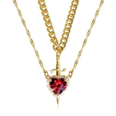 Imagem de RIICFDD Colares de coração vermelho e espada para ele e ela, corrente de zircônia delicada, multicamadas, colar com pingente moderno enviado para melhores amigos, casais, presente de Dia dos Namorados