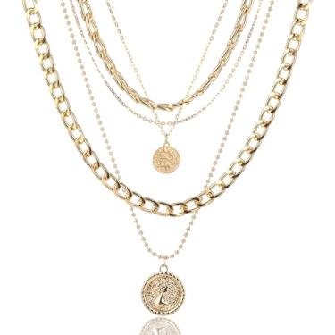 Imagem de KERDEETE Colar de pirata em camadas de ouro para mulheres, colar de ouro grosso vintage, colar de declaração de ouro, colares com pingente de moeda moderna, corrente grossa dos anos 80 e 90