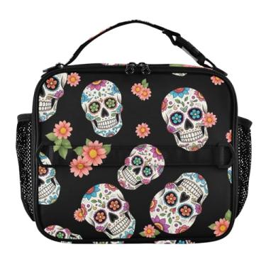 Imagem de Joisal Lancheira preta de flores personalizadas com caveiras de açúcar para mulheres e meninas, alça de ombro ajustável, lancheira masculina e infantil para trabalho, bolsa isolada floral