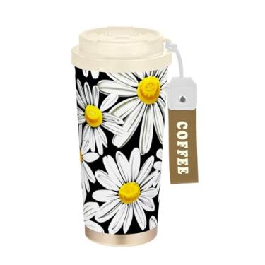 Imagem de Caneca de viagem de café 16+ Oz, copo de café com revestimento cerâmico com tampa e palha, copo isolado a vácuo de aço inoxidável, margaridas brancas amarelo floral preto