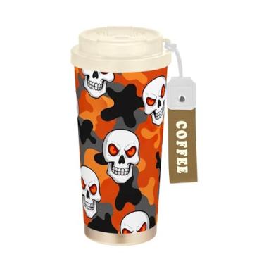 Imagem de TSENQUE Caveira de manchas brancas laranja, caneca de café de viagem 41 onças com canudo e tampa, canecas de café de parede dupla isoladas a vácuo com revestimento cerâmico para escritório, escola