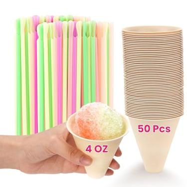 Imagem de Conjunto de copos e canudos descartáveis de cone de neve | Pacote com 50 copos de gelo raspados - Amido de milho biodegradável | Pacote com 100 canudos de colher de plástico colorido | Suprimentos e