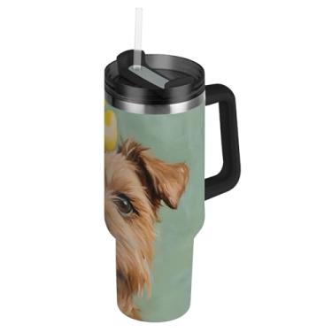 Imagem de Joisal Copos de aço inoxidável com tampas e canudo engraçado cachorro pato verde caneca de café quente para carros cores 1,134 g copo com alça garrafa de água isolada