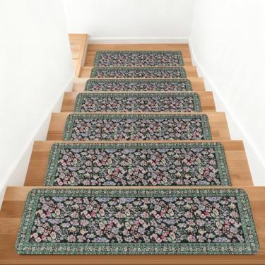 Imagem de KingMang Tapete de escada floral vintage antiderrapante para degraus de madeira internos 15 peças 76,2 x 20,3 cm tapetes de escada para escadas de segurança para idosos crianças cães verdes