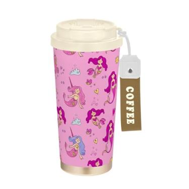 Imagem de TSENQUE Copo de café de 473 ml com canudo e tampa, revestimento cerâmico, isolamento a vácuo, caneca de café de aço inoxidável à prova de vazamento, desenho de unicórnios de sereia rosa