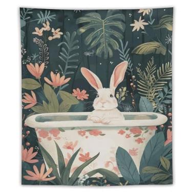 Imagem de Tapeçaria de parede de coelho branco em banheira floral decoração de planta selva caprichosa arte animal fofa para banheiro quarto aconchegante boho pendurado acento encantador natureza cena 127 x 152