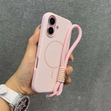 Imagem de Capa de silicone líquido para iPhone 16, 11, 12, 13, 14, 15 Pro Max, 16 Plus, alça de pulso, cordão magnético, rosa, para iPhone 12