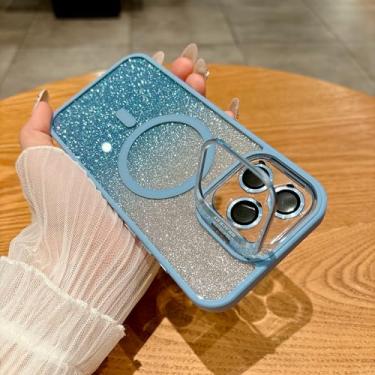 Imagem de HJZSZX Capa protetora de lente de vidro com suporte magnético e à prova de choque para iPhone 16 Plus (azul claro)