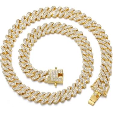 Imagem de HDMENC Colar masculino e feminino Miami Cuban Link corrente cubana 12 mm com garras de diamante 18/20/61 cm de comprimento joia hip hop (45,7 cm banhado a ouro 18K gelado), Zinco