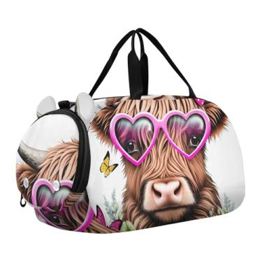 Imagem de Linda bolsa esportiva para meninos da floresta da família de cervos durante a noite, bolsa de viagem para meninas, bolsa de viagem com compartimento para sapatos, Linda vaca Highland Floral, Clássico