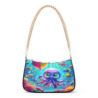 Imagem de Linda bolsa de ombro com alça de corrente de polvo, estampa colorida, bolsa feminina moderna média Hobo Tote Clutch para mulheres, festas diárias