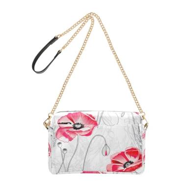 Imagem de Joitme Bolsa transversal para mulheres, bolsa para celular, bolsa de ombro de couro PU com alça de corrente, estica flor vermelha, esboço branco