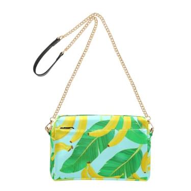 Imagem de Joitme Bolsa feminina tiracolo bolsa de telefone linda bolsa de ombro de couro PU com alça de corrente amarela banana verde folhas azul