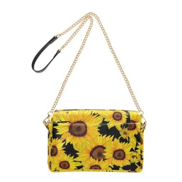 Imagem de Joitme Bolsa tiracolo para mulheres, girassóis vibrantes, preta, bolsa de ombro fofa de couro sintético com alça de corrente