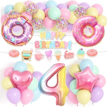 Imagem de ESAG Decorações de aniversário de 4 anos de donut, faixa de balões de donut autodesenhados para meninas, 81 cm, rosa, 4 balões de estrela, coração, balão de alumínio, sorvete, doces, suprimentos de