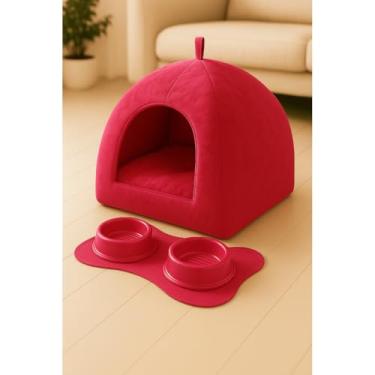 Imagem de Cama e Toca Pet 2 em 1 – Almofada Removível, Fundo Impermeável – Conforto para Cães e Gatos Pequenos e Médios(Suede Rosa + Tapete comedouro,G)