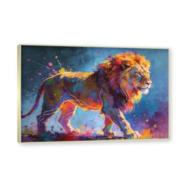 Imagem de Moldura dourada. Arte abstrata de respingos de leão, pintura colorida de animais em tela, decoração de parede expressiva moderna para sala de estar ou escritório. A87. 80 x 120 cm - 31,5 x 47,3 pol.