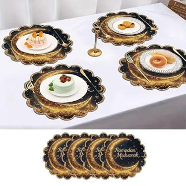 Imagem de Conjunto de 4 tapetes de mesa de tecido Ramadan redondos 35,5 cm dourados e pretos laváveis presentes para casa, cozinha, mesas de jantar e restaurantes, antiderrapantes, fáceis de limpar