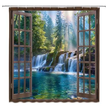 Imagem de HYKHYK Cortina de chuveiro cachoeira, vista para janela, floresta, natureza, exterior, sol, verde, paisagem, lago, tecido, conjunto de cortinas de banheiro com ganchos (177,8 cm x 177,8 cm (L) 170 A)