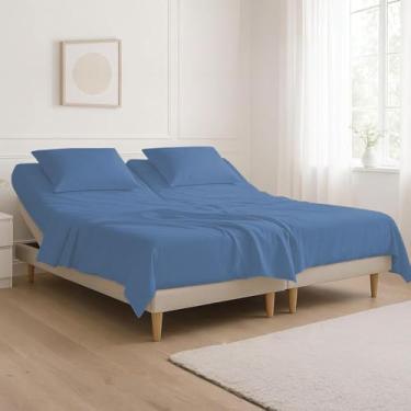 Imagem de Jogo de lençóis King com parte superior dividida para camas ajustáveis, 800 fios, 100% algodão egípcio, 4 peças, bolso profundo de 45,72 cm, dividido 86,4 cm a partir do topo, azul médio liso