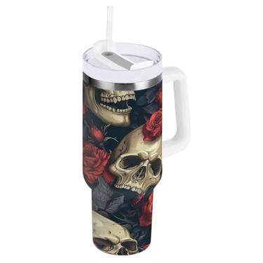 Imagem de SEHANY Copo de caveira e rosas de 850 g com alça, copo isolado de aço inoxidável a vácuo de parede dupla, caneca de café à prova de vazamento, copo isolado para viagem, cabe no suporte de copo de