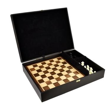 Imagem de Nakagawa Jogo de Xadrez Luxo em Madeira com Marchetaria, Estojo em Couro, Peças em Resina Preto e Marfim, Tabuleiro 30,5 x 28 cm, Estojo 42 x 32,5 cm