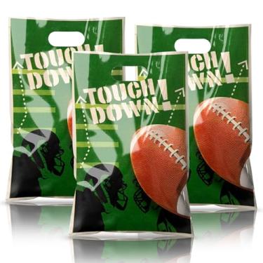 Imagem de Ysqool 50 peças de sacolas de brinde de futebol, 17 x 25 cm, bolsa de presente de futebol com tema esportivo de plástico com alça para dia de jogo, eventos esportivos, lembrancinhas de festa de