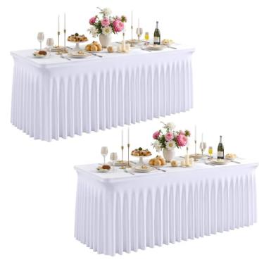 Imagem de Besutolife Toalha de mesa branca de elastano com saia para mesas retangulares de 1,2 m, 2 pacotes, resistente a rugas, esticável, lavável na máquina, perfeita para casamentos, banquetes, festas de
