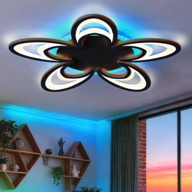 Imagem de Luminária de teto com controle remoto RGB dimerizável por aplicativo, lustre com 3 temperaturas de cor, função timer, luz noturna e memória para quarto, preta.