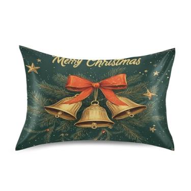 Imagem de SEHANY Fronha de seda verde com sinos de Natal para cabelo e pele, capa de almofada respirável super macia e macia com envelope para casa, quarto, hotel, padrão 50 x 66 cm