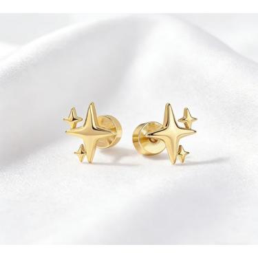 Imagem de Brincos de estrela banhados a ouro 14 K, brincos delicados para mulheres, leves, hipoalergênicos, pequenos, lisos e minimalistas, joias simples, presente para ela, Medium, Metal, Sem pedra preciosa