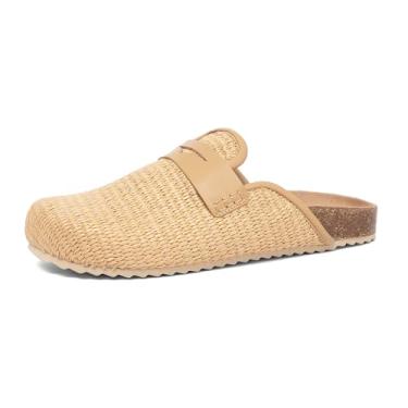 Imagem de NEWBELLA Pantufas femininas de tecido mule – sapatos de cortiça deslizantes para casa, confortáveis para uso interno/externo com suporte de arco para casa e jardim, Damasco, 36