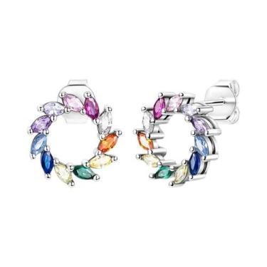Imagem de Brincos De Prata 925 Unicórnio Arco-Íris Com Pedra Preciosa Brilhante 