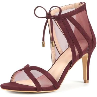 Imagem de Perphy Sandálias femininas de salto agulha de malha aberta com cadarço, Borgonha, 38