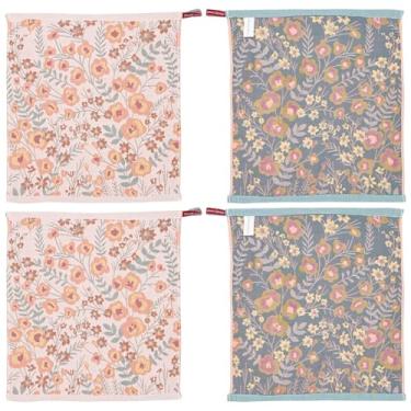 Imagem de Pacote com 4 toalhas de chá para cozinha pano de mão de algodão toalha de prato com laço de pendurar pano decorativo absorvente com padrão de flores 38 × 40 cm (A)