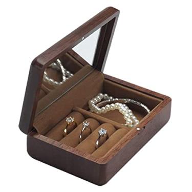 Imagem de Organizador de joias, caixa de joias de madeira, caixa de armazenamento de joias para anel, brinco, colar, fácil de carregar, 12 x 8 x 3 cm, organizador de joias, estojo para exibição de joias