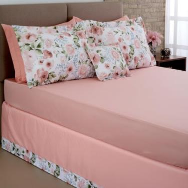 Imagem de Jogo de Lençol Cama Box Casal Padrão 5 Peças com Elástico Saia para Box Microfibra 100% Poliéster Rosa com Estampa Floral 200x160x30cm