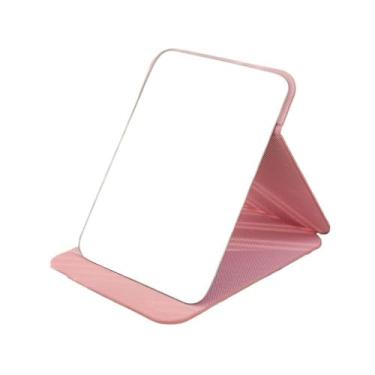 Imagem de Espelho de maquiagem portátil dobrável espelho de maquiagem de couro PU espelho de mesa retangular simples espelho de beleza espelho de banheiro grande espelho de vaidade (rosa)