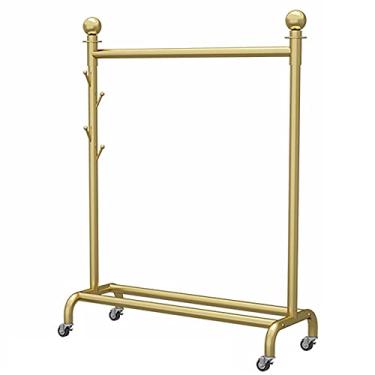 Imagem de SGeneE Trilho de roupas resistentes, expositor de varejo com 4 ganchos e suporte inferior, cabide com rodas para quarto, rack de secagem de metal, dourado (120 × 155 cm)