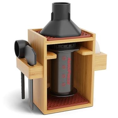 Imagem de HEXNUB – Organizador compacto de bambu para AeroPress, estação de transporte comporta máquina de café AeroPress, filtros, copos, acessórios com esteira de silicone, economia de espaço aumentada (marrom)