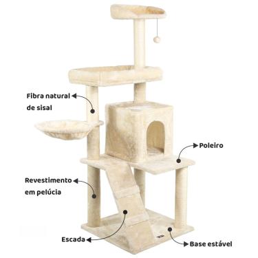 Imagem de Arranhador de gato luxuoso, multifuncional com casa, camas, cesto, poleiros e brinquedo