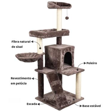 Imagem de Arranhador de gato luxuoso, multifuncional com casa, camas, cesto, poleiros e brinquedo