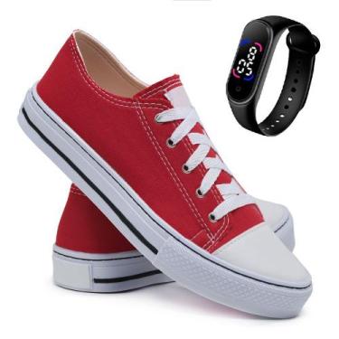 Imagem de Tênis Casual Feminino All Colors Cano Baixo + Relógio, Vermelho, 35