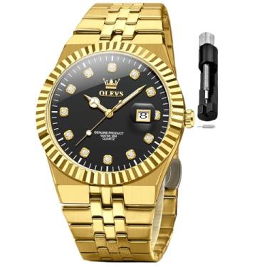 Imagem de OLEVS Relógios masculinos de luxo com calendário de diamantes de aço inoxidável, vestido de negócios, à prova d'água, luminoso, moderno, relógio masculino, relógio preto dourado, relógio masculino