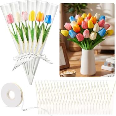 Imagem de Lyrow 24 peças de flores artificiais de tulipas individuais com mangas de flor única – Embalagem de flores falsas de poliuretano 34 cm sacos de embrulho para mãe e dia dos namorados, artigos de