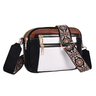 Imagem de Bolsa transversal feminina pequena, de couro vegano moderno com bolsas de ombro ajustáveis, Preto/marrom/branco, Bolsas transversais